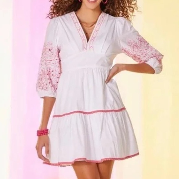 Versona Dresses & Skirts - Versona Women S White Pink Eyelet Embroidered Boho V-Neck Tiered A-Line Sundress